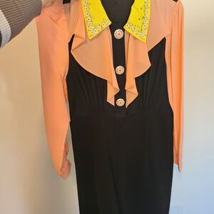 Black Dress with Peach Ruffled Sleeves and Yellow Embellished Collar